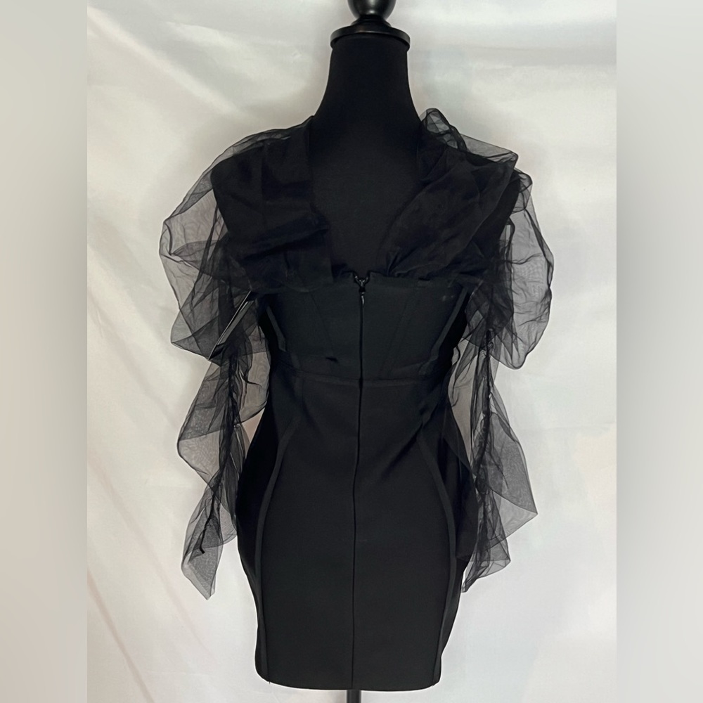 OFF THE SHOULDER MESH SLEEVED MINI BLACK DRESS (109) - Picture 3 of 4